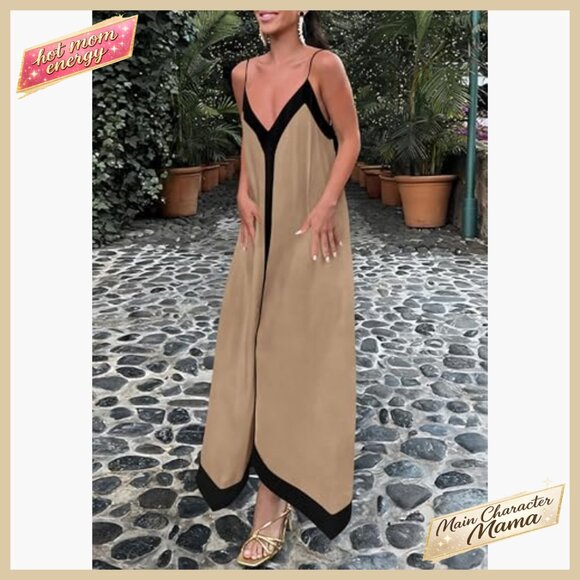 Elegant Maxi Sundress V-Neck Spaghetti Strap Flowy Party Beach Vacation Dress - Picture 2 of 7